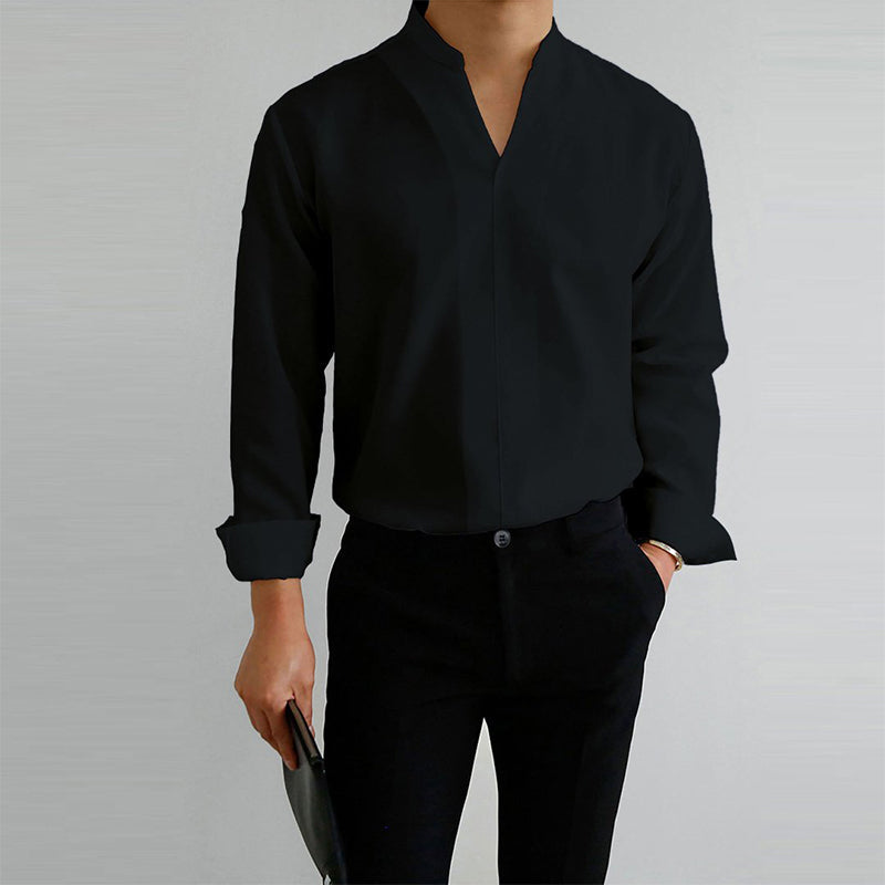 Men's Casual Solid Color V-Neck Long Sleeve Shirt