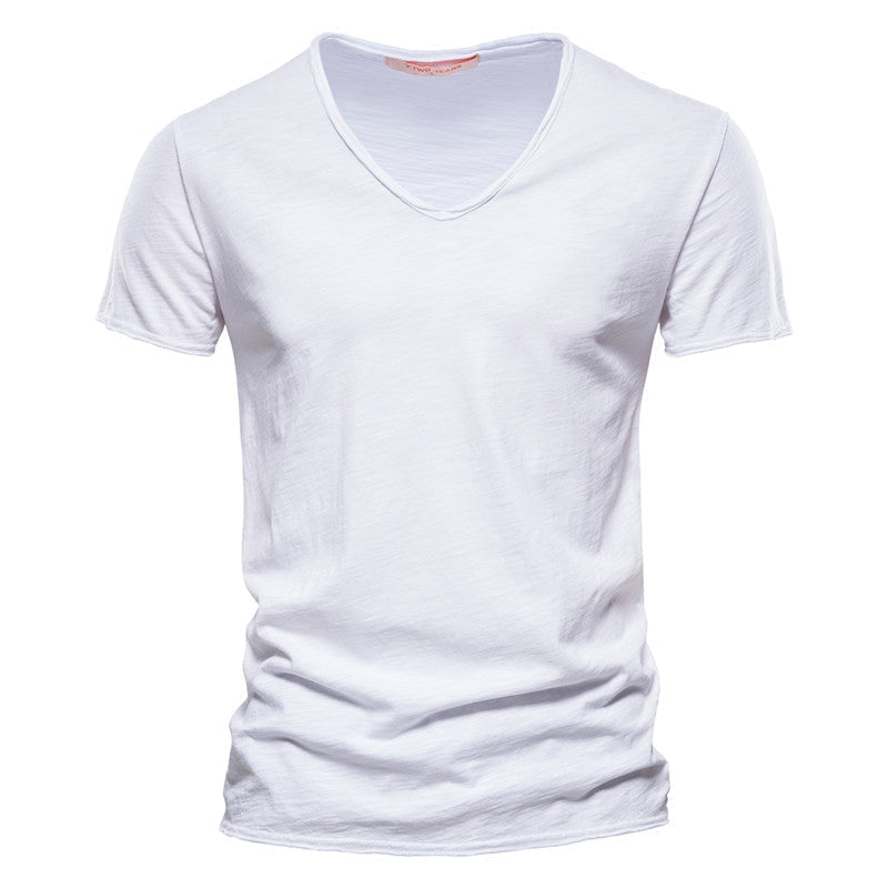 Plain Slub Cotton V-neck T-shirt