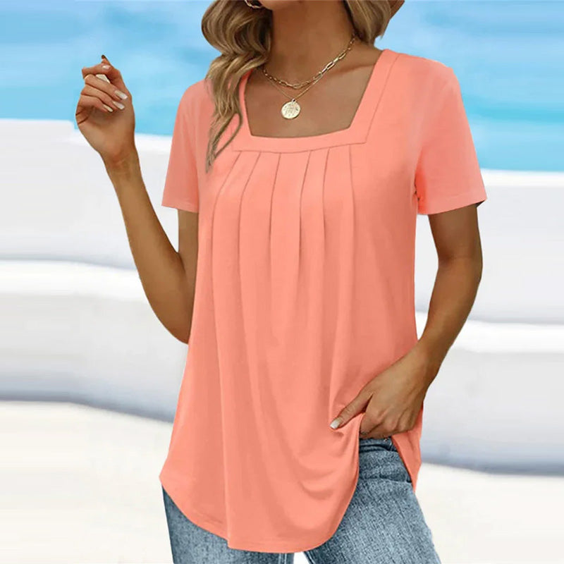 Square neck solid color short sleeve t-shirt