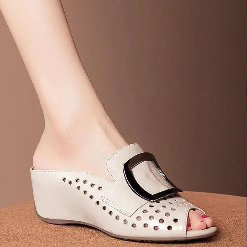 Hollow Fish Mouth Metal Buckle Wedge Heel Sandals